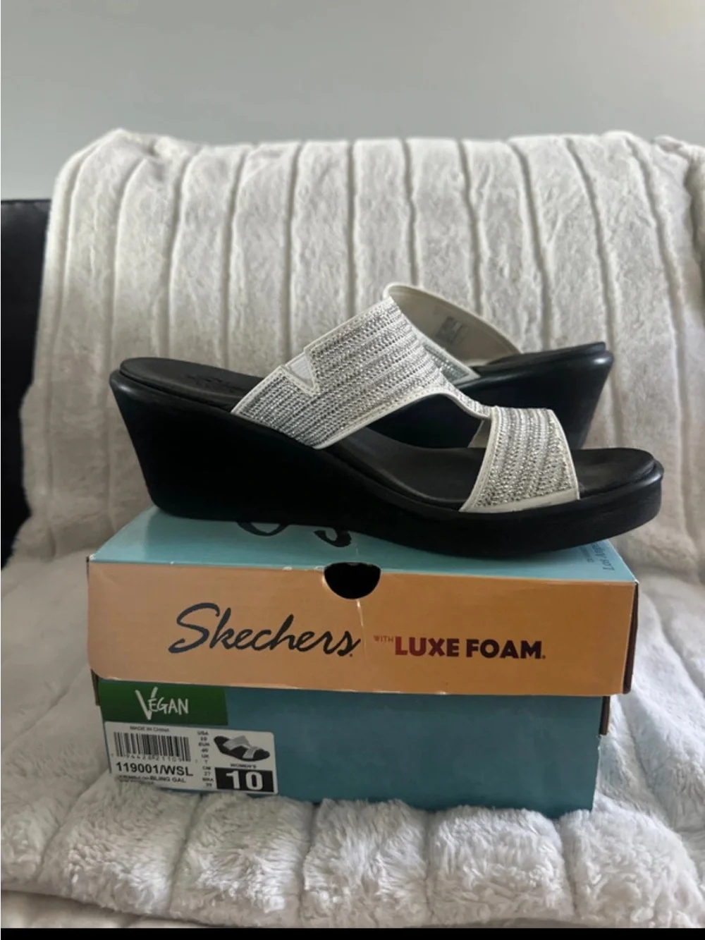 Skechers White Wedge Sandals with Black Sole